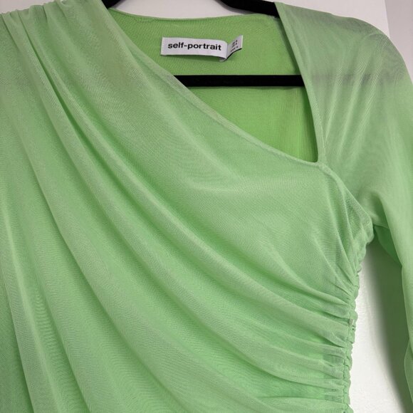 Self-Portrait Asymmetric Pencil Midi Dress Green Mesh Ruched Side Tie Mesh Long - Picture 4 of 11